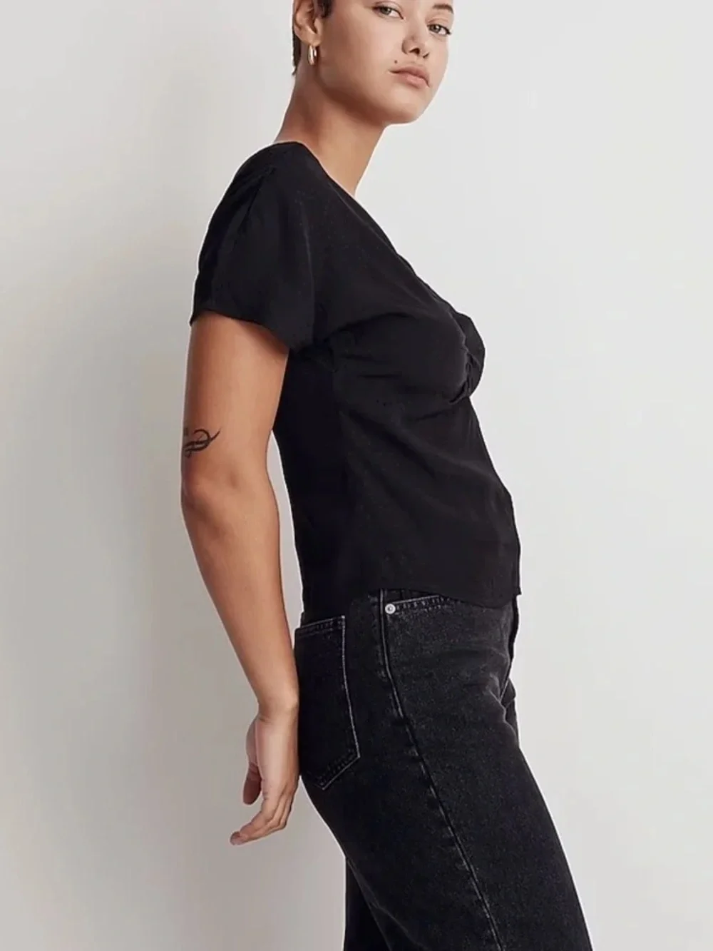 MADEWELL Black Floral Jacquard Puff Sleeve Top NWT Sz 4 V-Neck